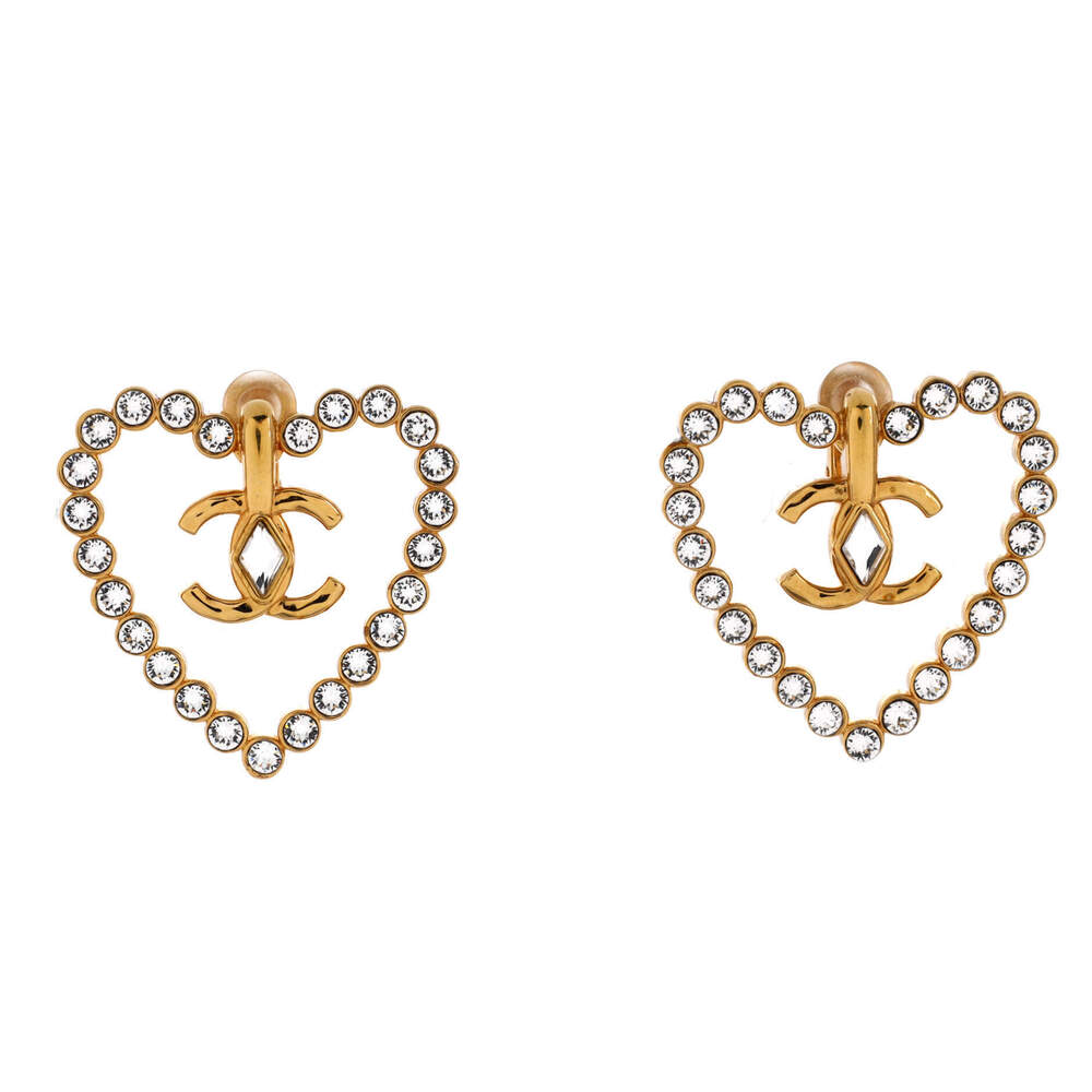 Chanel Large CC Heart Cut Out Stud Earrings Metal with Crystals